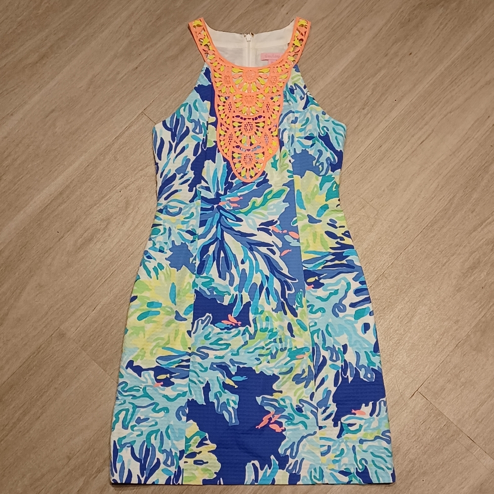 Lilly Pulitzer Blue, Aqua & Neon Coral Sleeveless Shift Dress